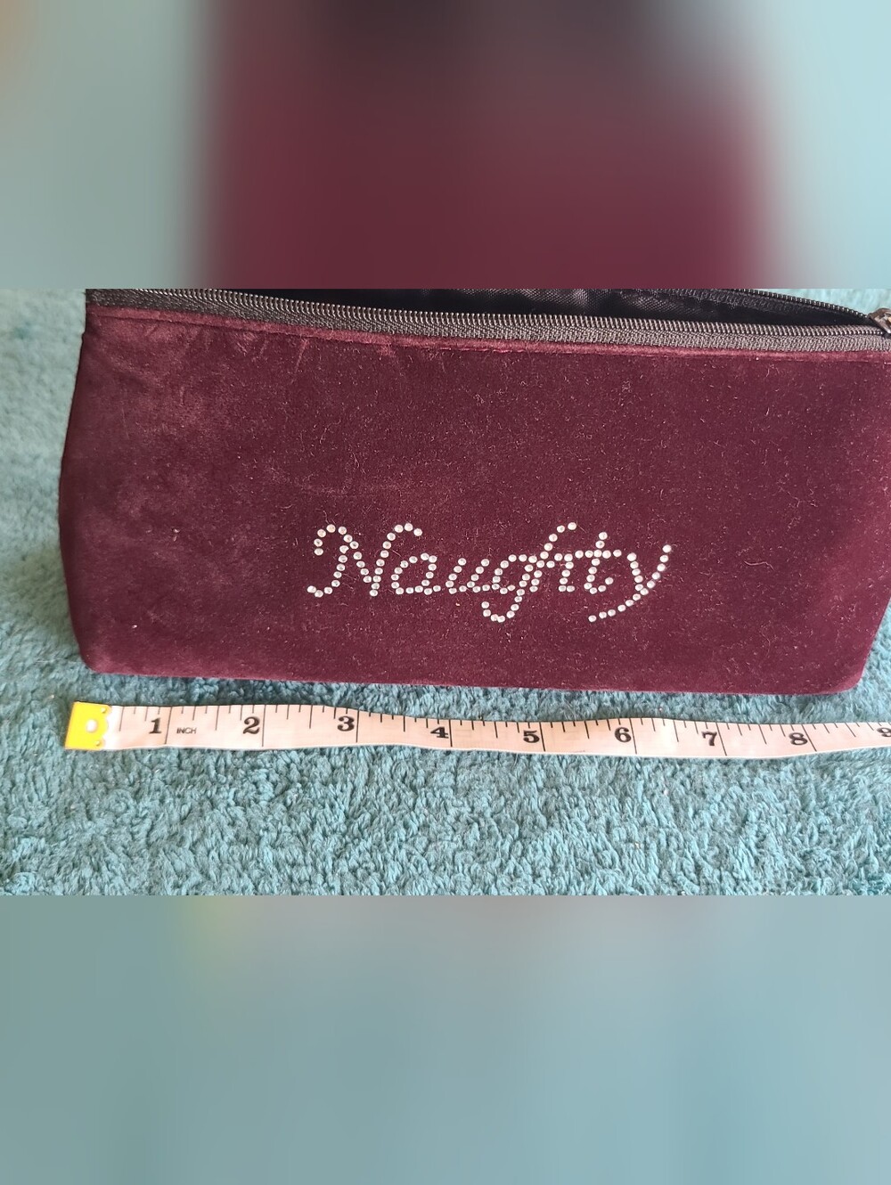 Velvet 'Naughty' Wristlet Cosmetic Pouch with Heart Charm - Burgundy - Picture 7 of 9